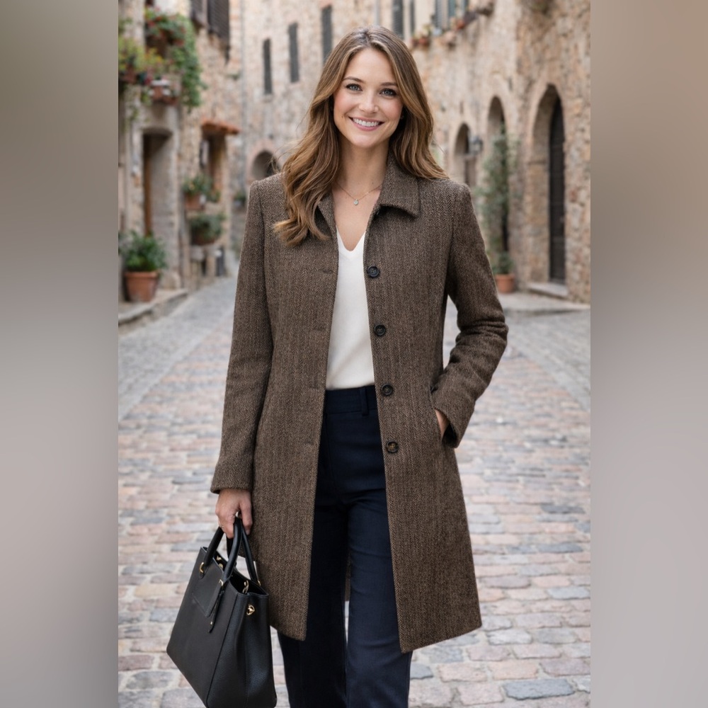 JONES NEW YORK Herringbone Tweed Full-Length
Wool Blend Trench Coat Size 8